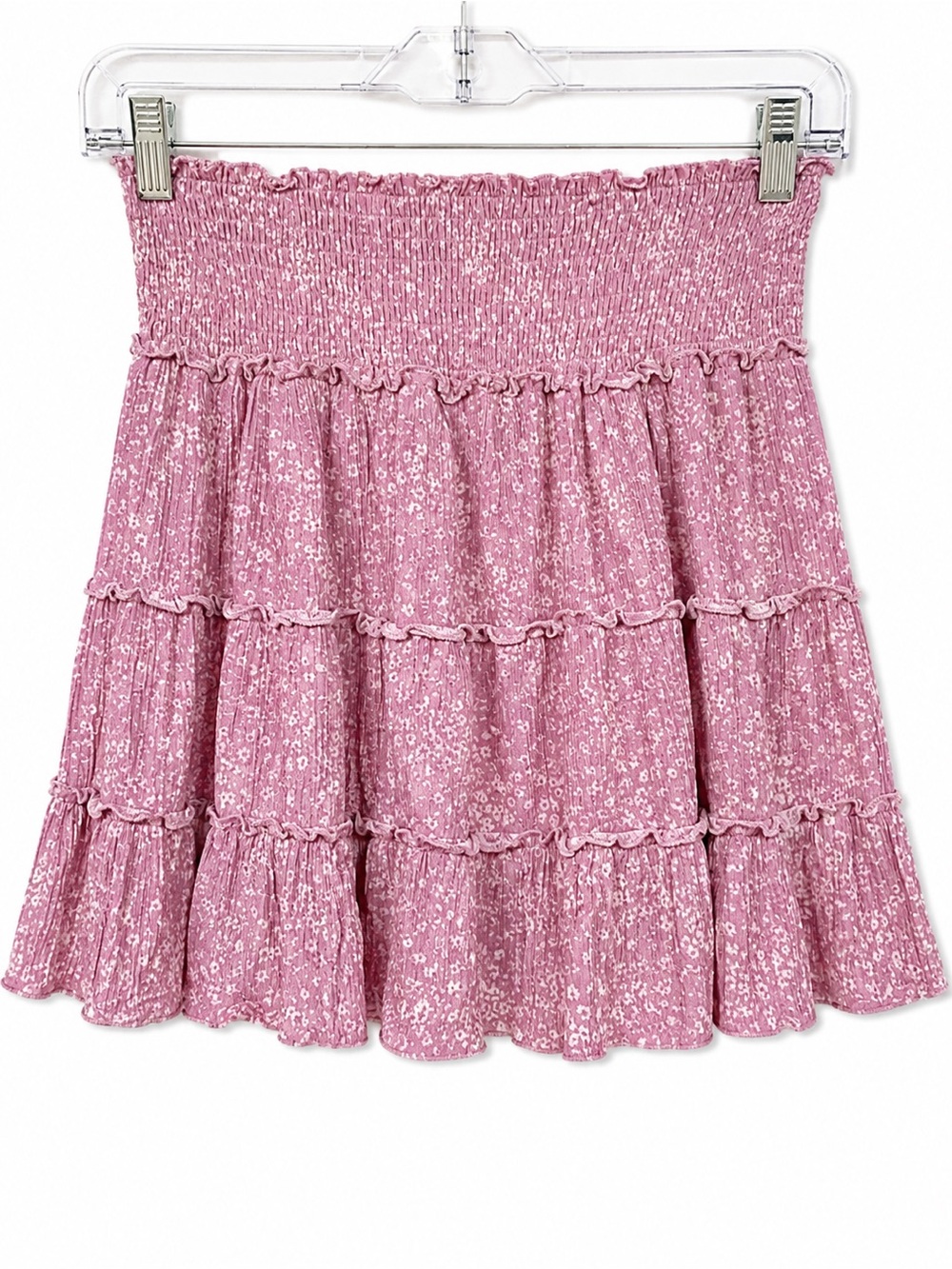 Pink Lily Pink Floral Smocked Tiered Skater Skirt